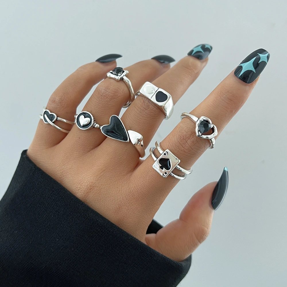 Retro Black Love Oil Dripping Ring 7-piece Set