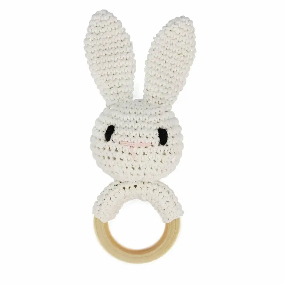 Handmade crocheted rabbit baby rattle