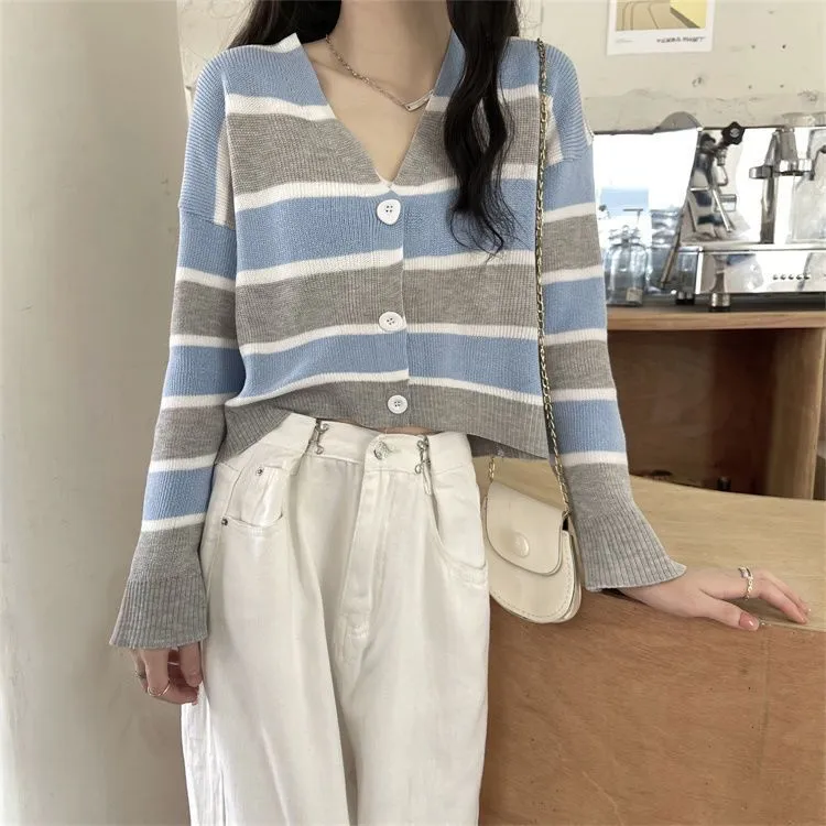 French Style Vintage Stripe Knitted Cardigan Outer Wear Short Sweater For Women