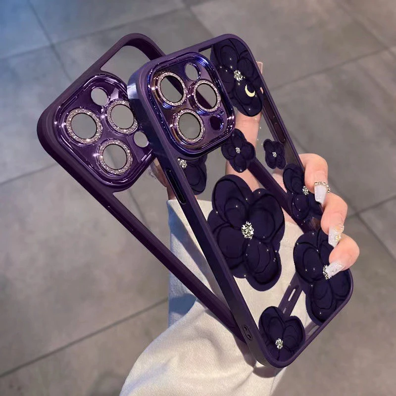 Suitable For Phone Case Dark Purple Camellia Women's With Rhinestone Lens Protector All-inclusive