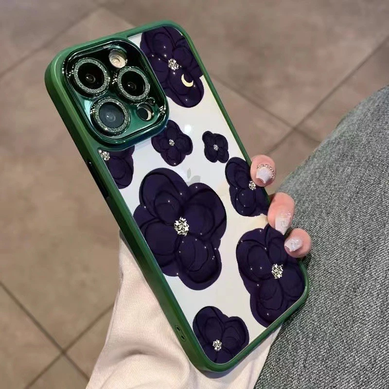 Suitable For Phone Case Dark Purple Camellia Women's With Rhinestone Lens Protector All-inclusive