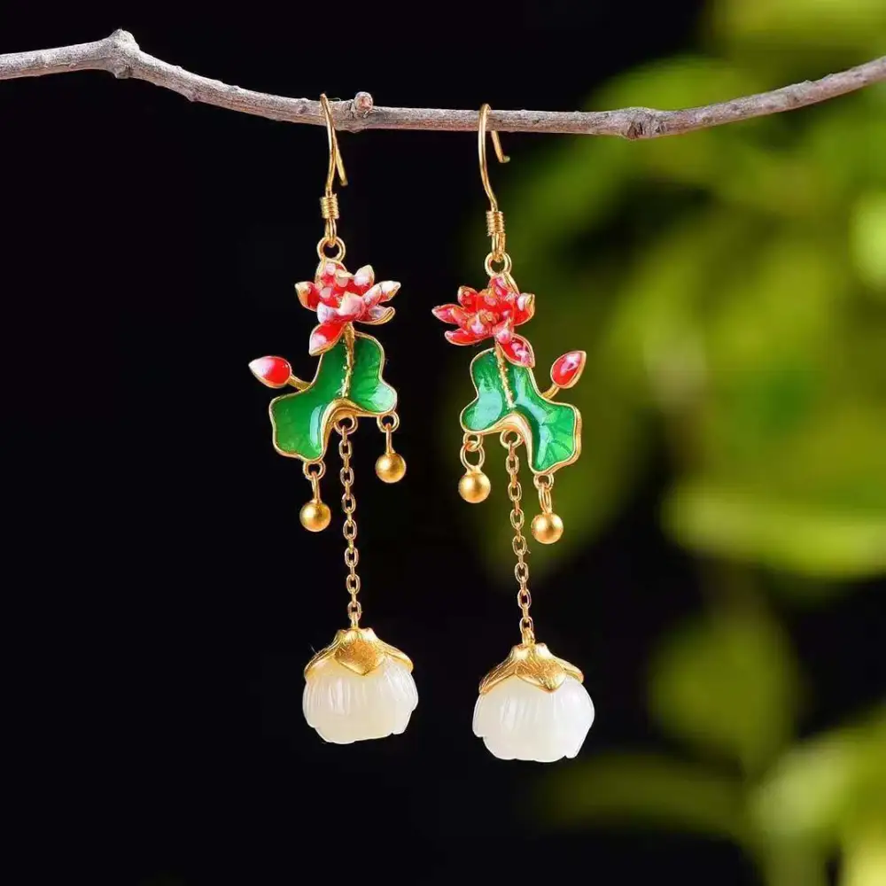 Lotus Beads Eardrops Colored Glaze Earrings For Women