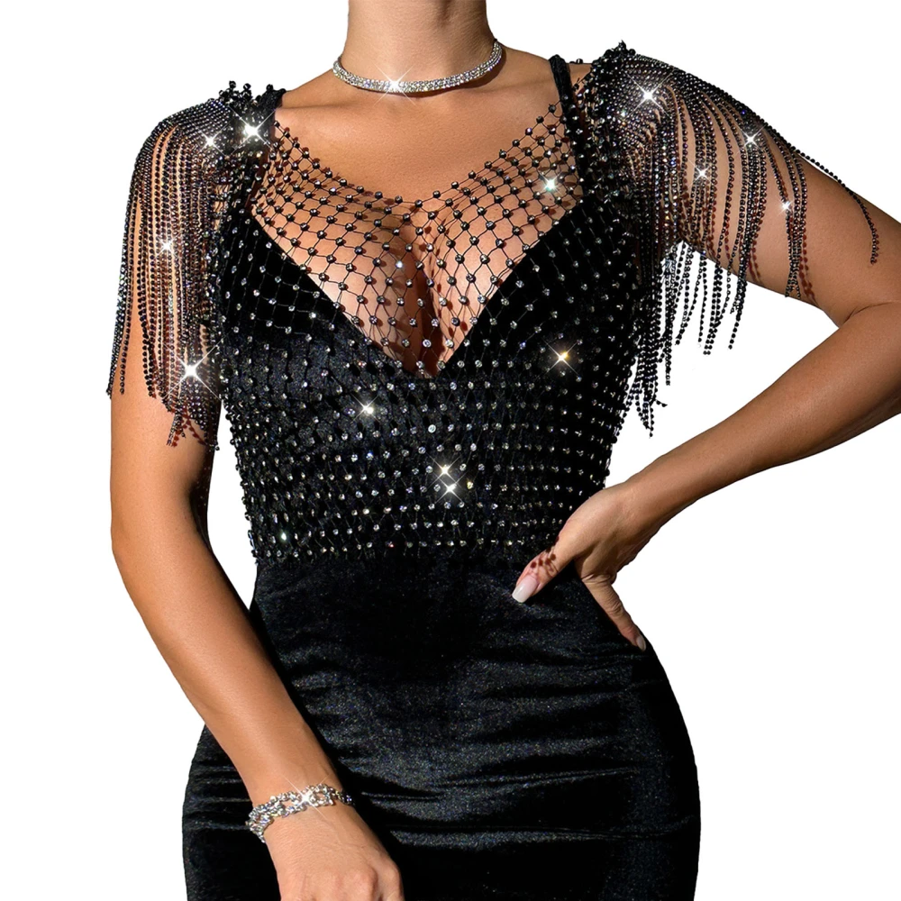 Women's Mesh Tank Tops Diamond Hollow Out See Through Tassel Tops