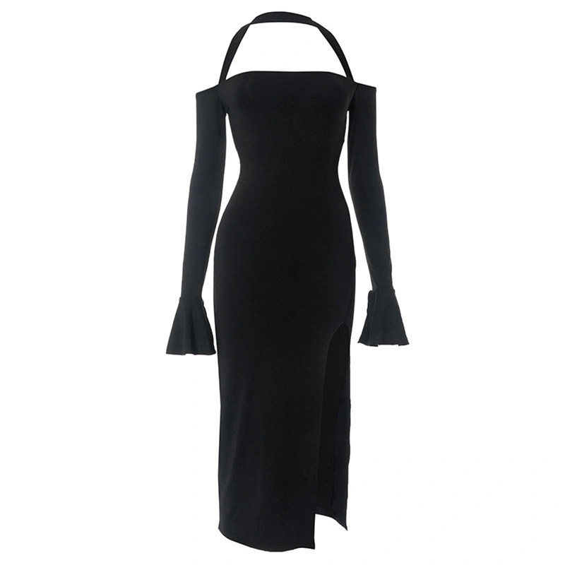 Women Autumn Black Long Sleeve Halter Neck High Split Party Dress