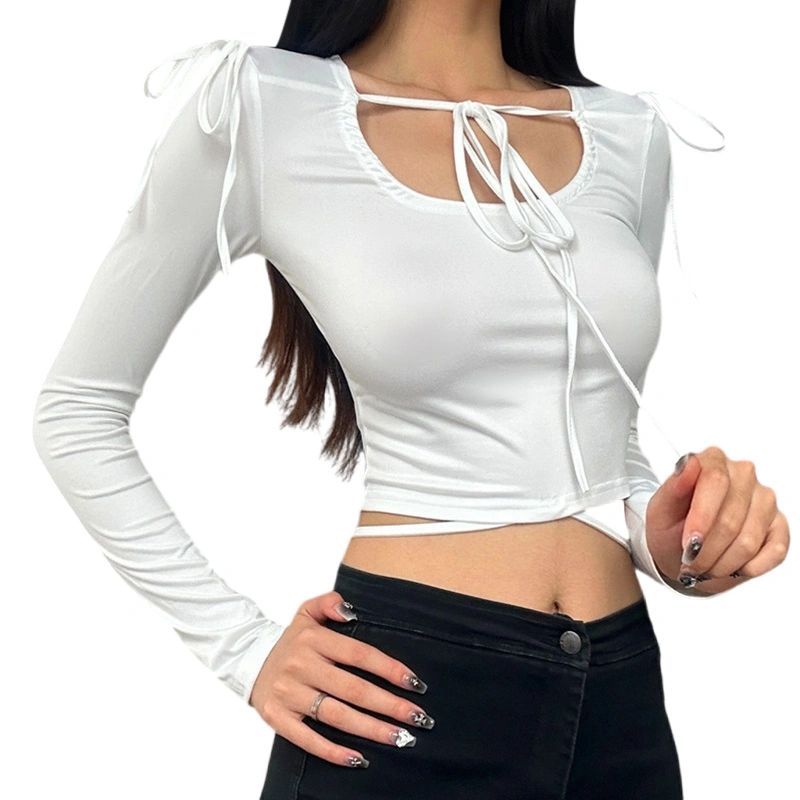 Women's Fall Slim Crop Tops Long Sleeve Cross Tie-Up Tops Streetwear