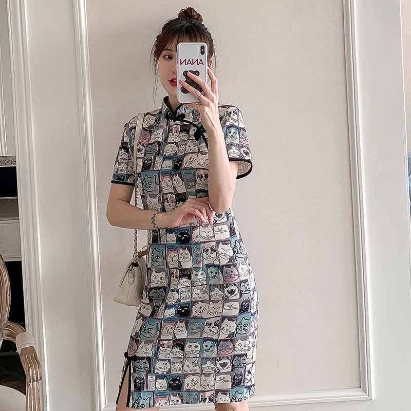 Cartoon Plaid Slim Dress Young Cheongsam