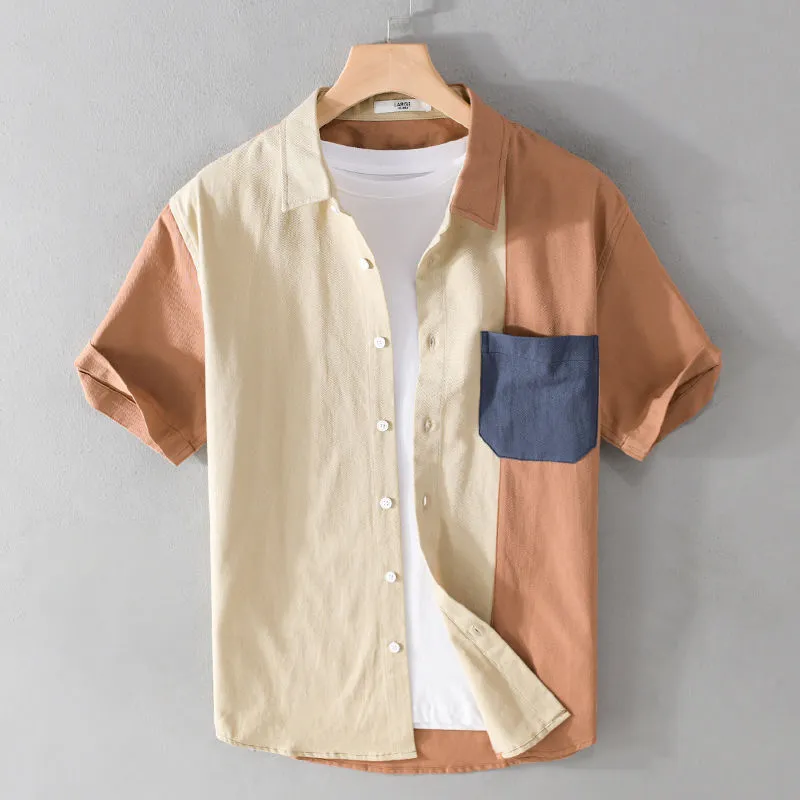 Patchwork Contrast Color Pocket Short Sleeve Shirt