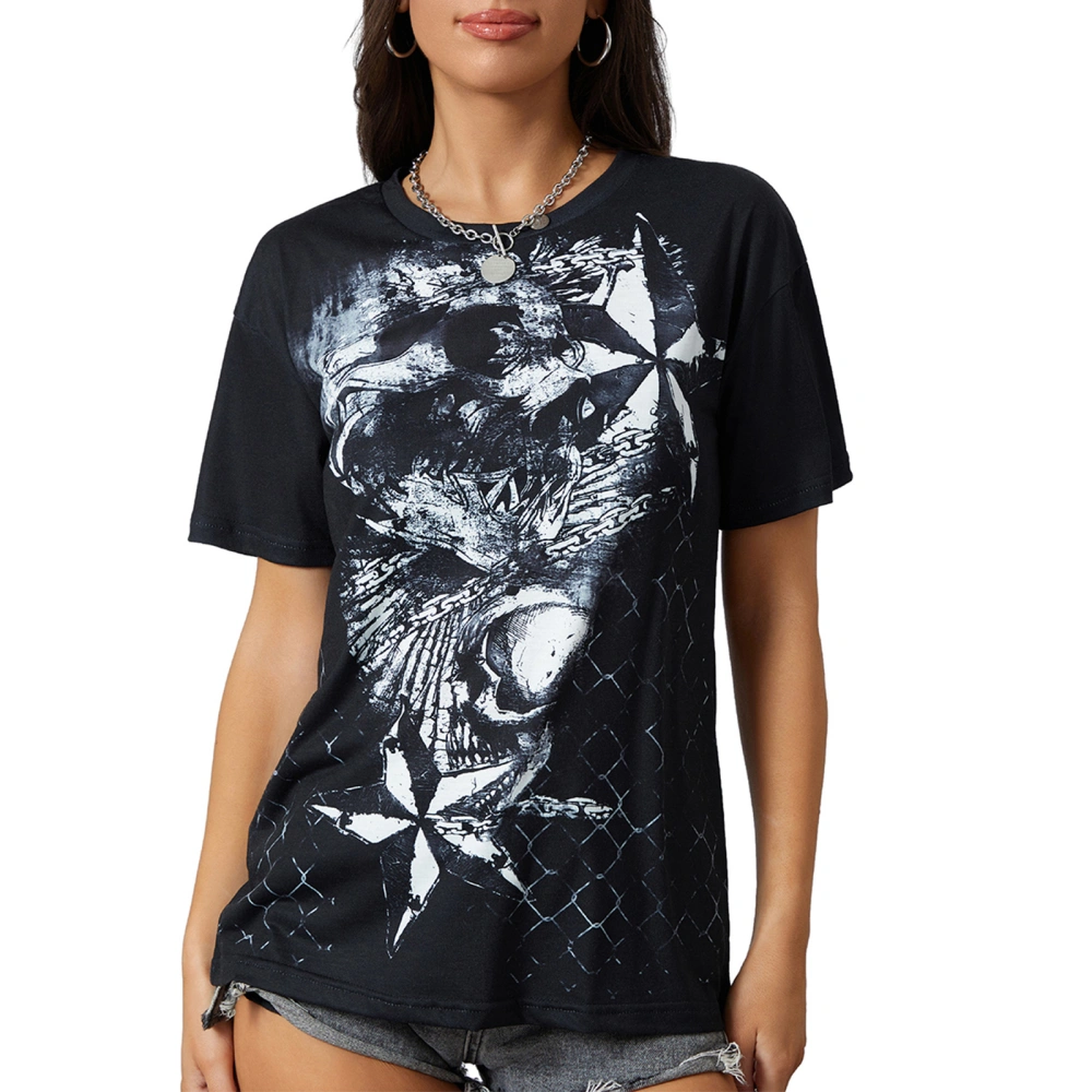 Women Short Sleeve Tops Gothic Skull Star Print Summer Loose T-Shirt 