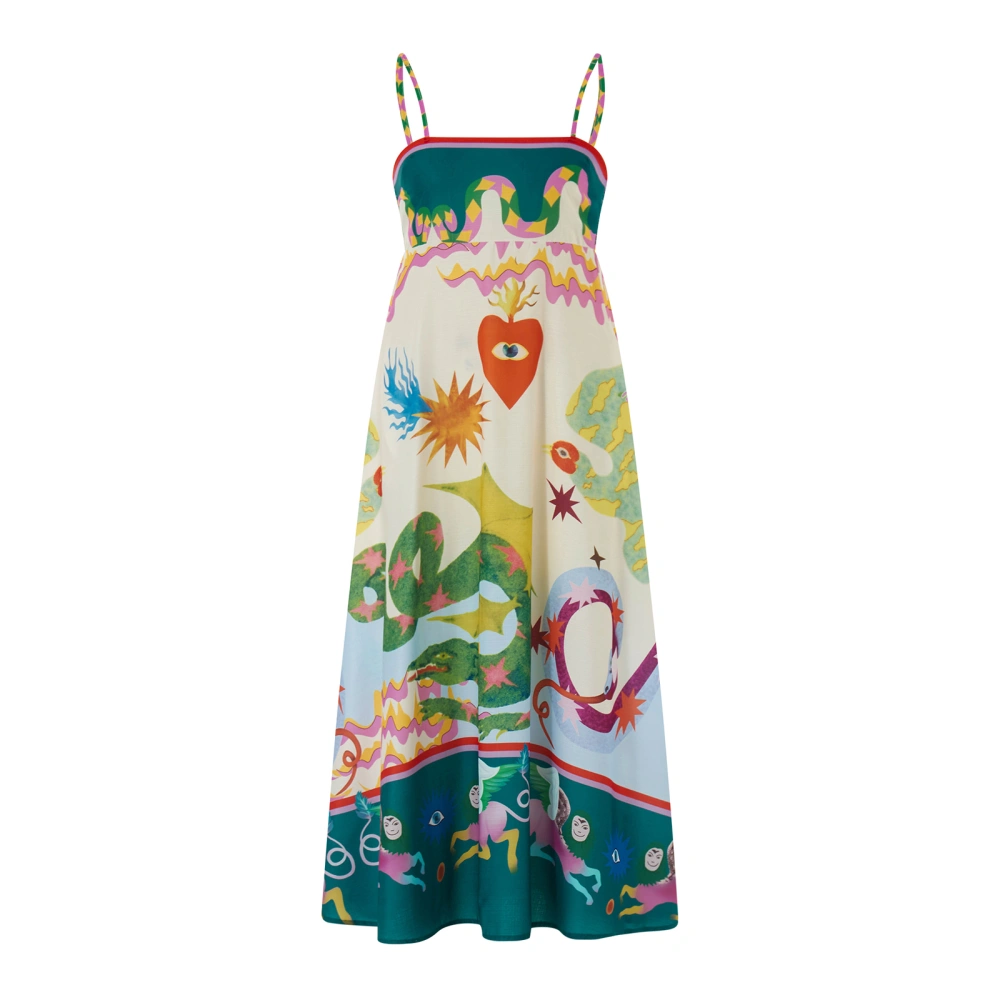 Women Spaghetti Strap Dress Summer Print Sleeveless A-Line Party Dress