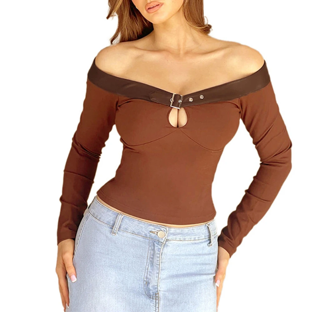 Women's Tight Fitted Long Sleeve Strapless Off Shoulder Crop Tops 