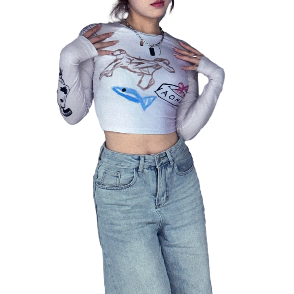 Women's Grunge Cropped T-Shirt, Cartoon Print Long Sleeve Slim Tops