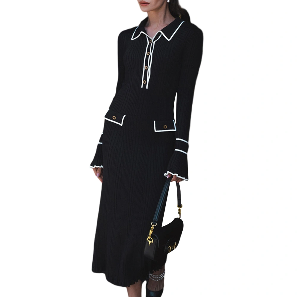 Women Long Sweater Dress Patchwork Long Sleeve Fall Knit Dress