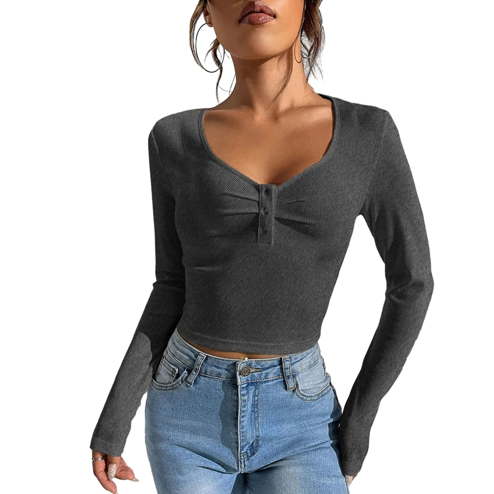 Women Crop Ribbed Knit Tops Solid Color 1/2 Button Long Sleeve Shirt