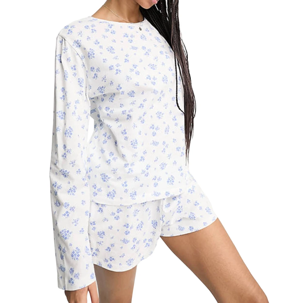 Women's Summer Loungewear Set, Flower Print Long Sleeve T-Shirt Shorts