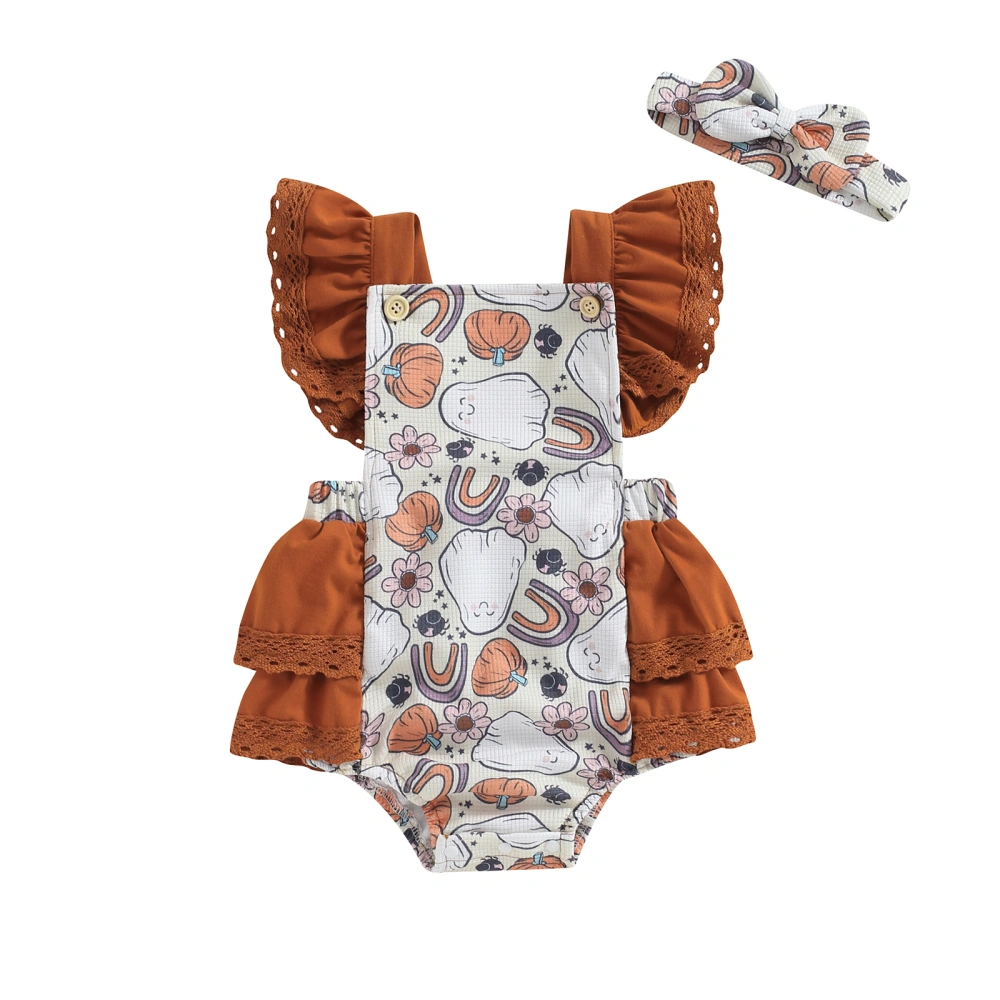 Baby Girl Halloween Jumpsuit with Bow Headband Ghost Print Romper 