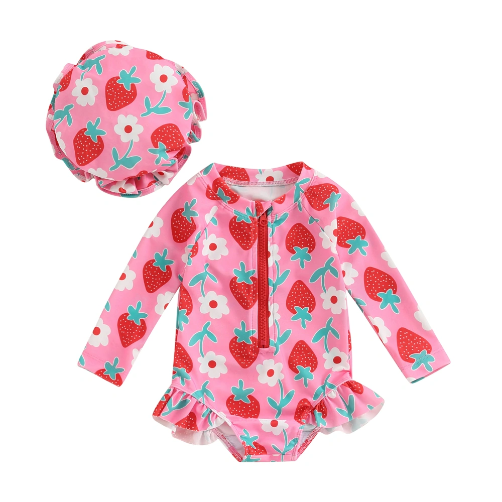 Baby Girl Swimsuits Summer Floral Print Ruffled Jumpsuit and Swim Cap 