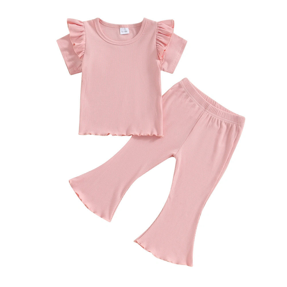 Toddler Girls Spring Outfits Fly Sleeve Rib Tops Flare Pants Set