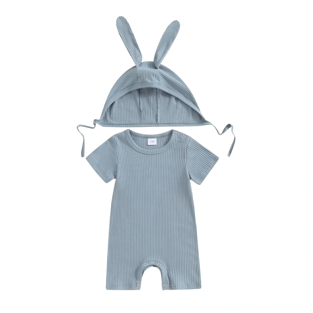 Baby Summer Outfit, Short Sleeve Solid Jumpsuit with Rabbit Ears Hat