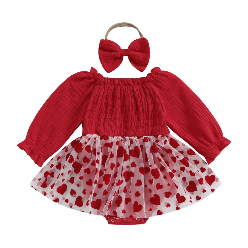 Baby Valentine Day Long Sleeve Heart Print Romper Dress with Headband