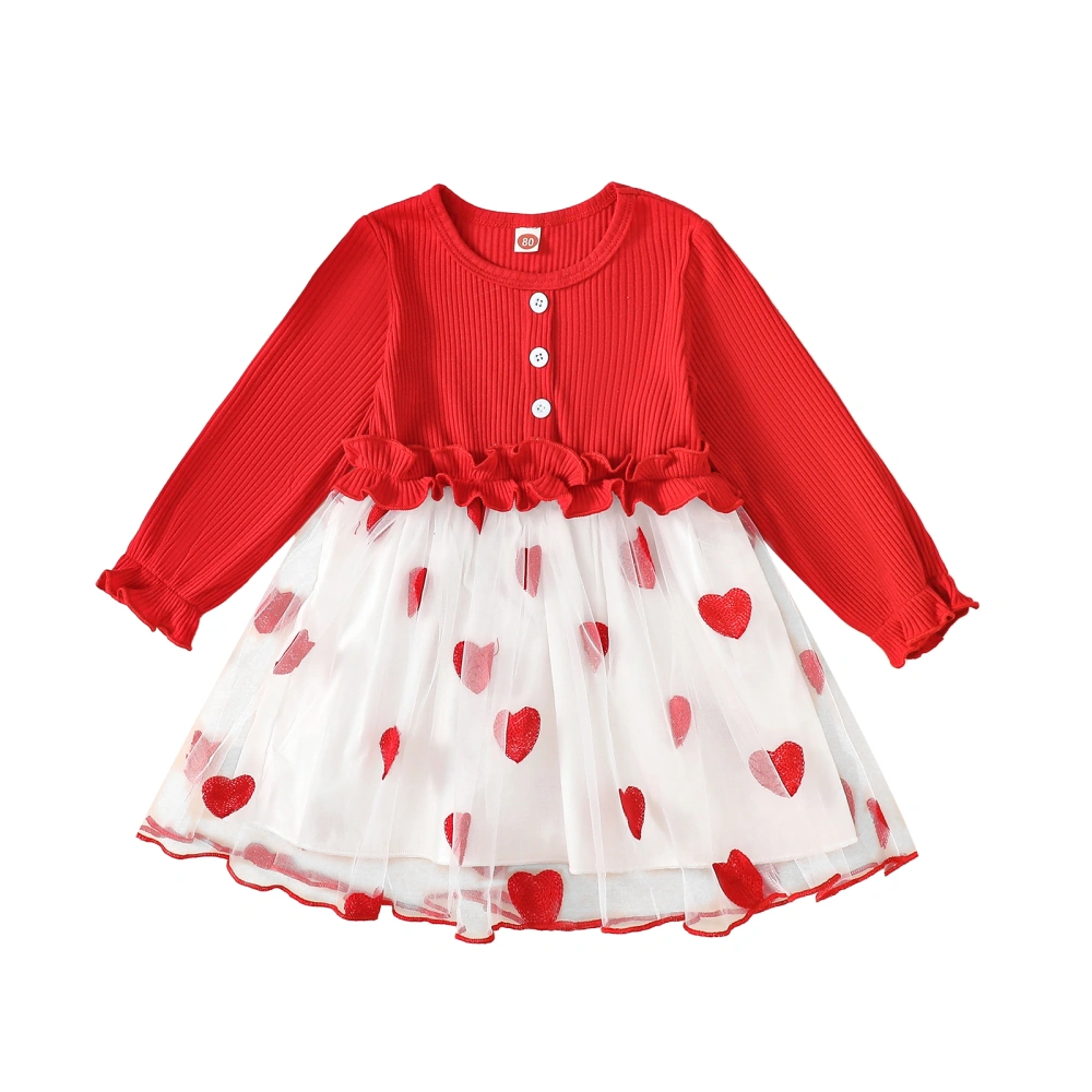 Girl Valentine's Day Dress, Heart Print Long Sleeve Ruffled Dress