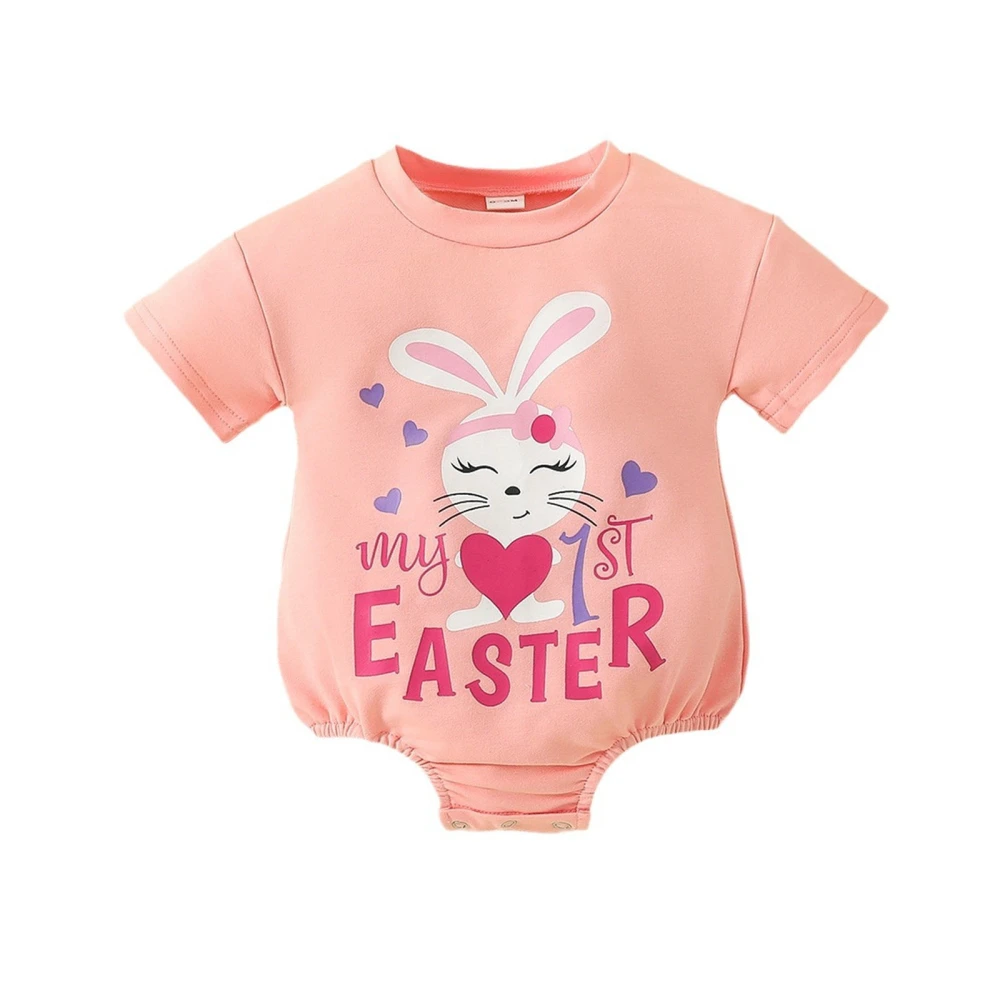 Baby Girls Easter Romper, Short Sleeve Bunny Letters Print Bodysuit