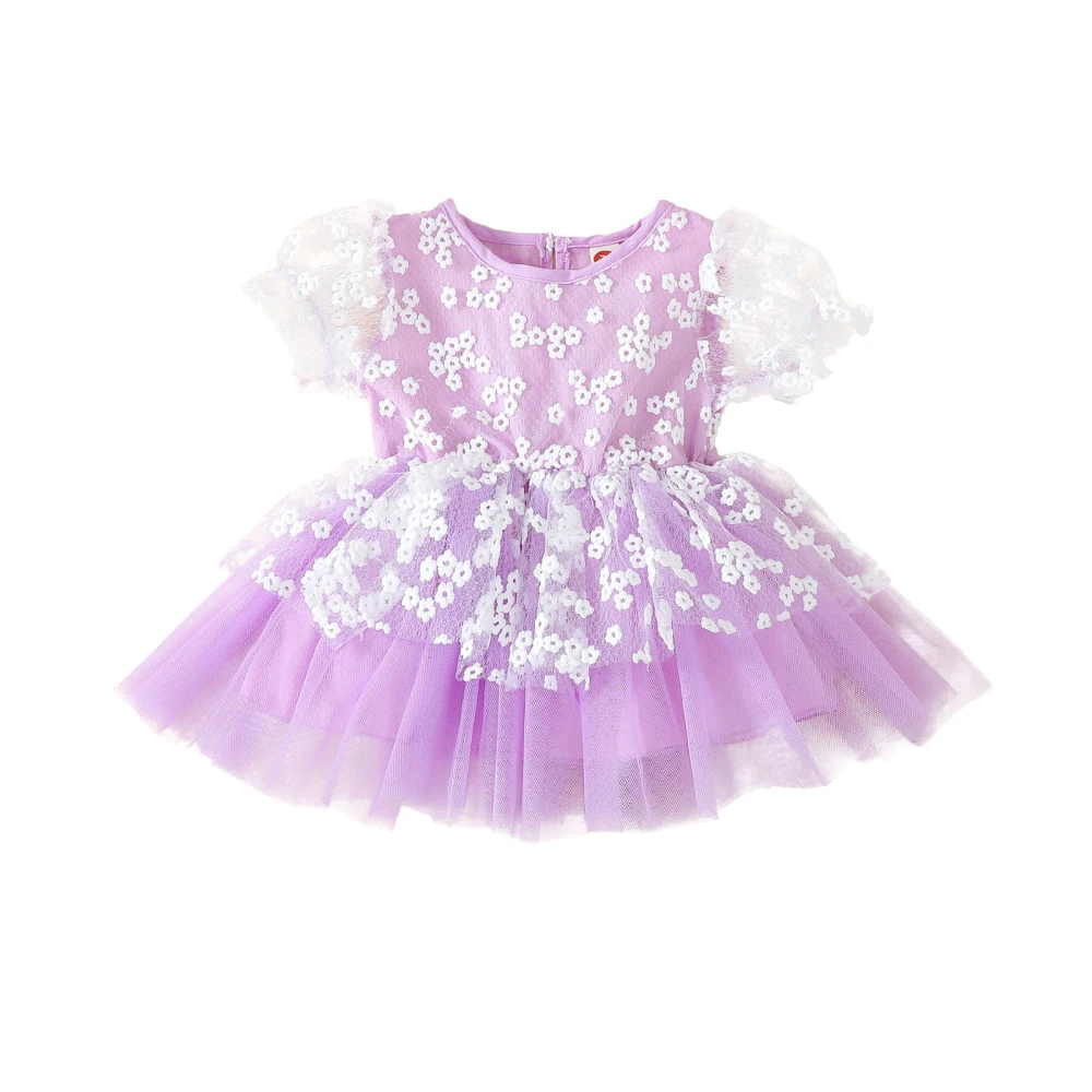 Girls Short Puff Sleeve O Neck Floral Embroidery Tulle Princess Dress