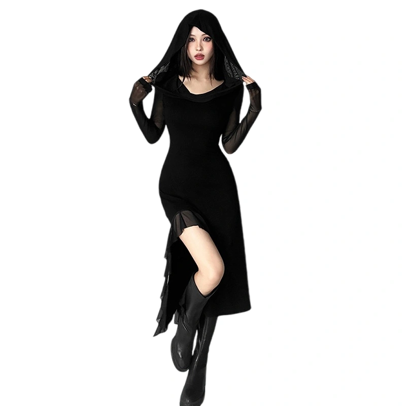 Women's Slim High Waist Solid Color Long Sleeve Midi Dress with Hooded