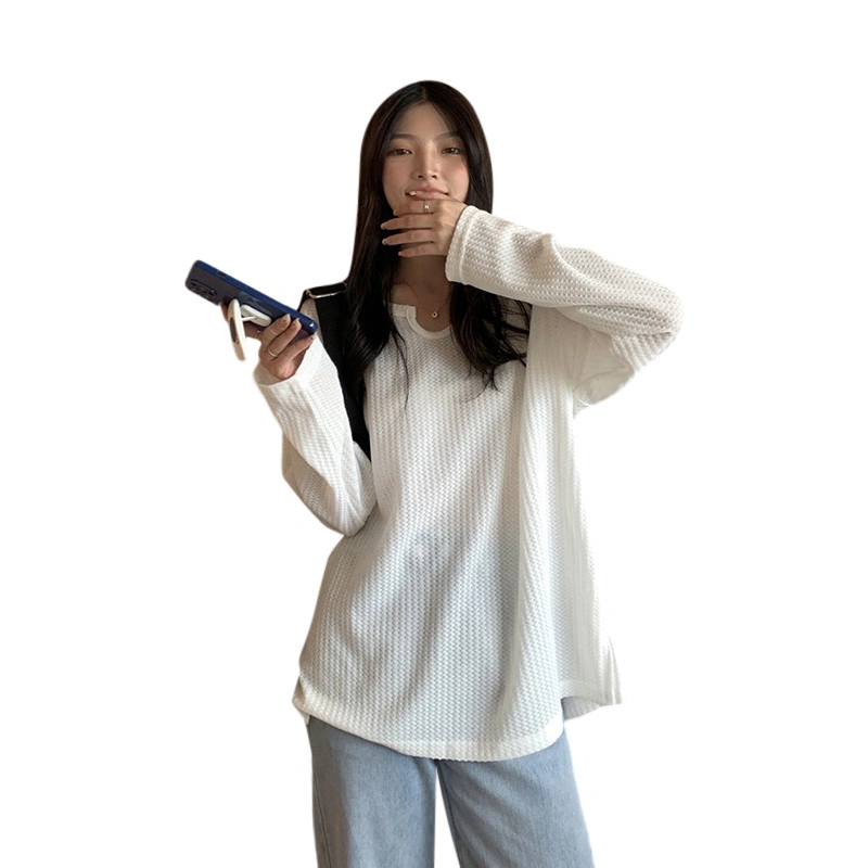 Women Cute Waffle Sweatshirts Solid Color Loose Pullovers Fall Tops