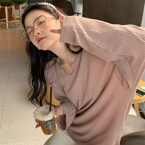 Women Cute Waffle Sweatshirts Solid Color Loose Pullovers Fall Tops