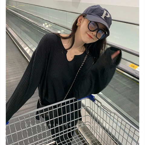 Women Cute Waffle Sweatshirts Solid Color Loose Pullovers Fall Tops