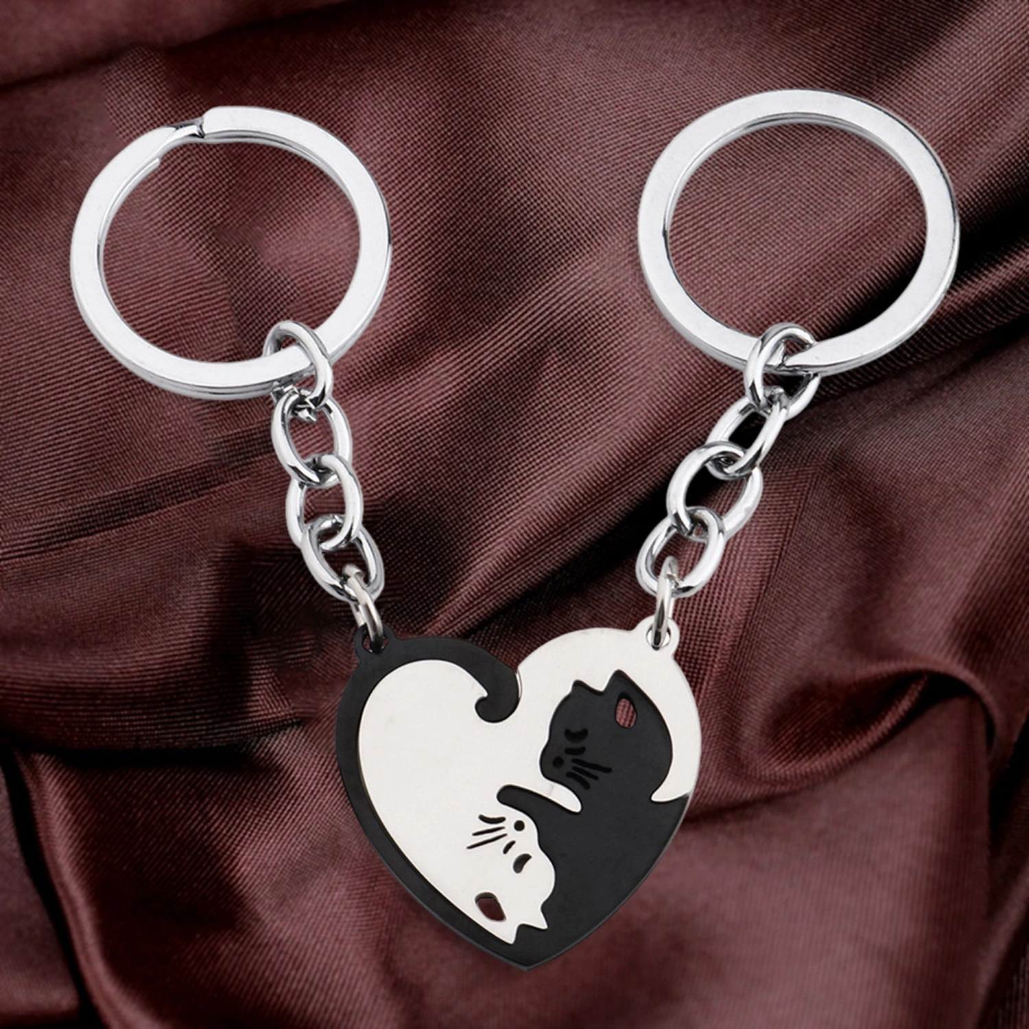 Matching Cat Keychains Heart Shaped Couple Key Chains Purse Charms