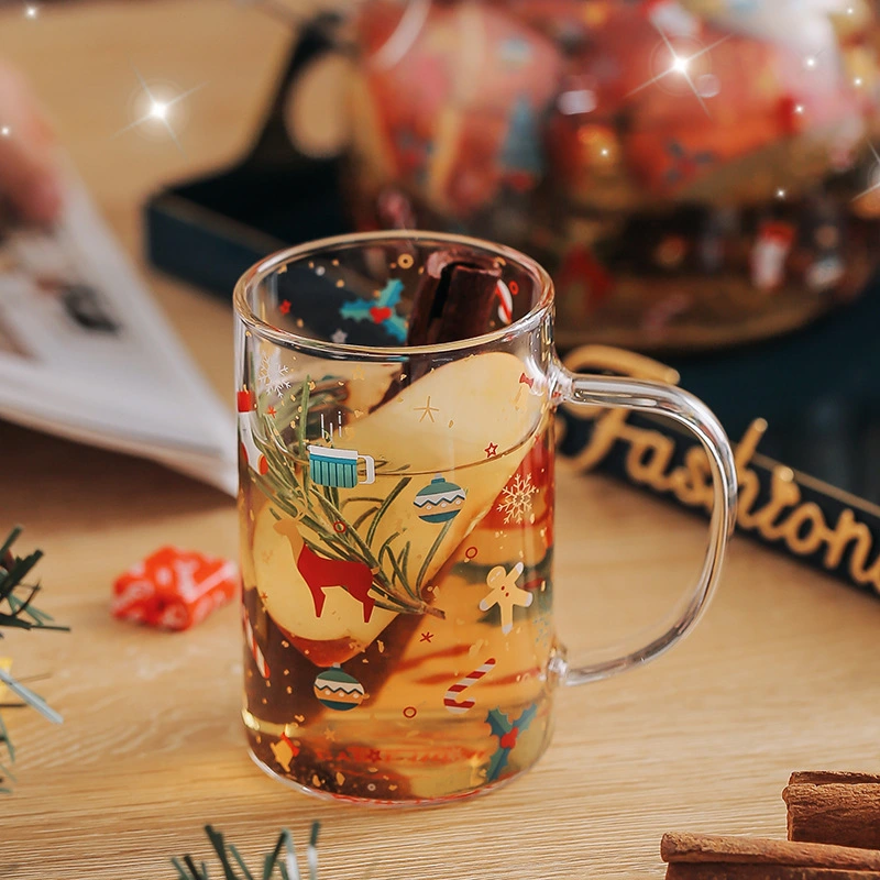 1pc Christmas Glass Home Drink Cup Tea Cup With Handle Water Cup Breakfast Cup High Temperature Resistant 300ml Glass