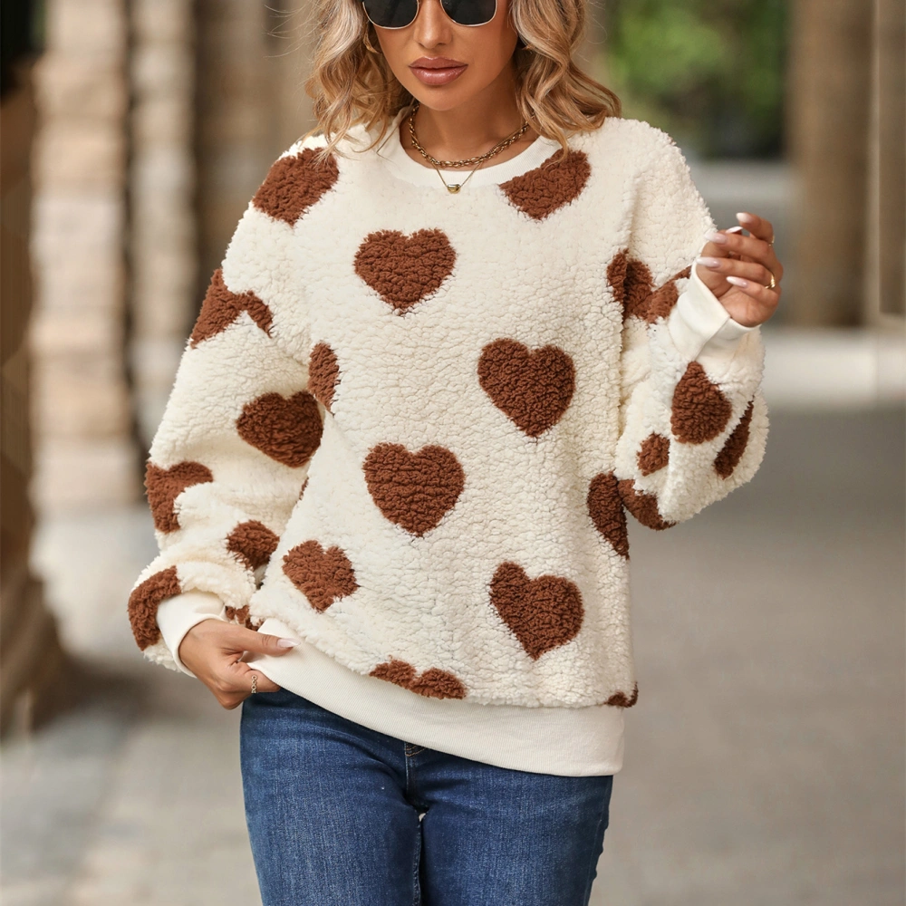 Female Plush Loving Heart Printed Loose Long Sleeves Crew Neck Pullover Sweatshirt