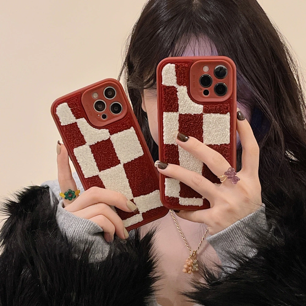 Korean Style Embroidered Square Plaid Phone Case