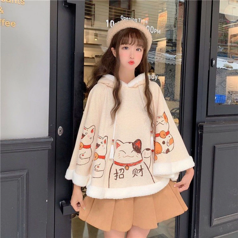 Autumn And Winter Cute Cat Ears Fleece-lined Student Coat Female Soft Girl Shawl Shawl Outer Wear