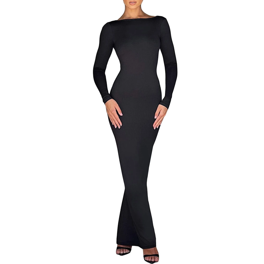 Women's Solid Color Long Sleeve Boat Neck Backless Bodycon Dress