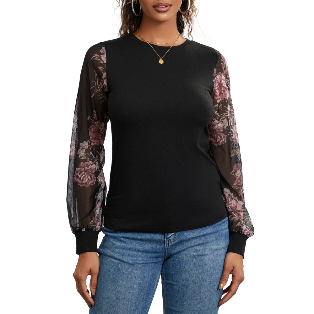 Women Crew Neck T-Shirts Floral Print Mesh Splicing Long Sleeve Shirts