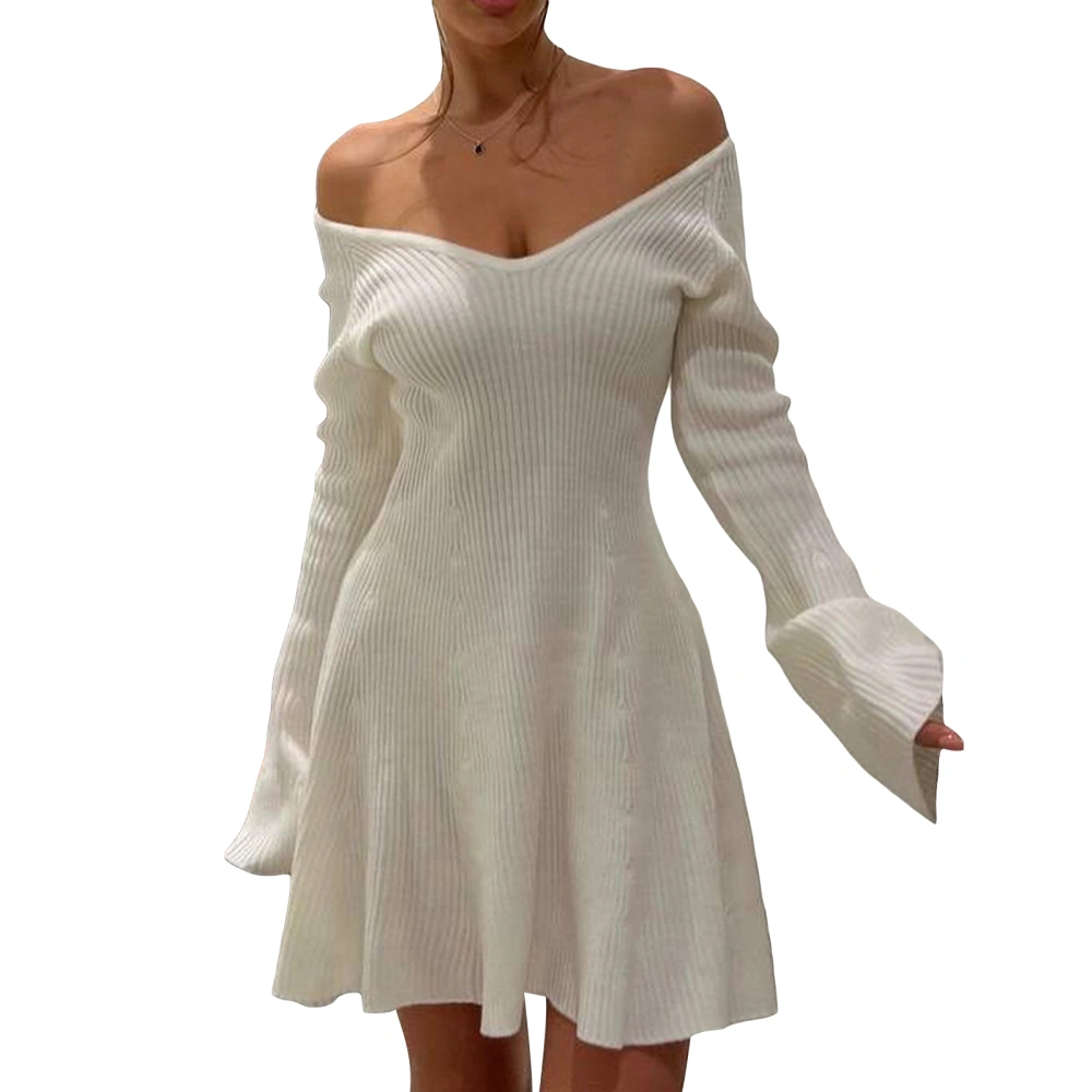 Women's Slim V Neck A Line Off Shoulder Long Sleeve Knitted Dress