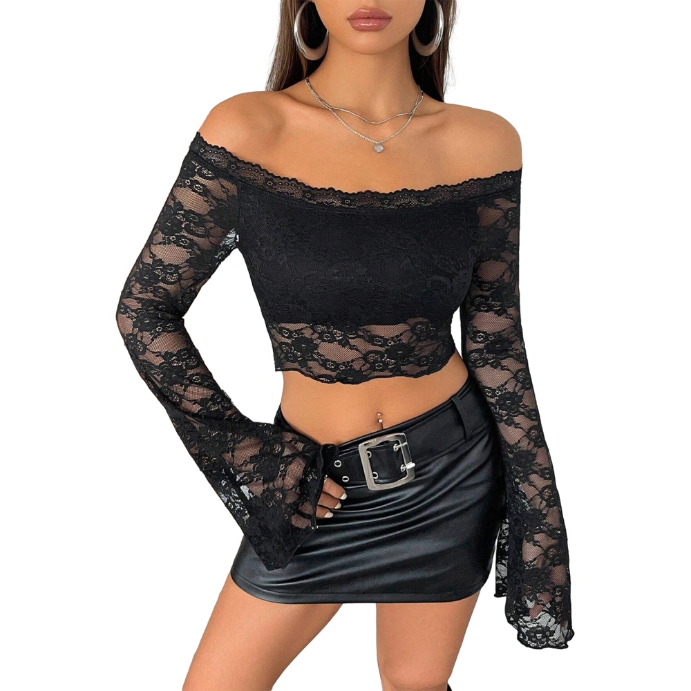 Women Sheer T-shirt Long Sleeve Off-shoulder Backless Lace Crop Top