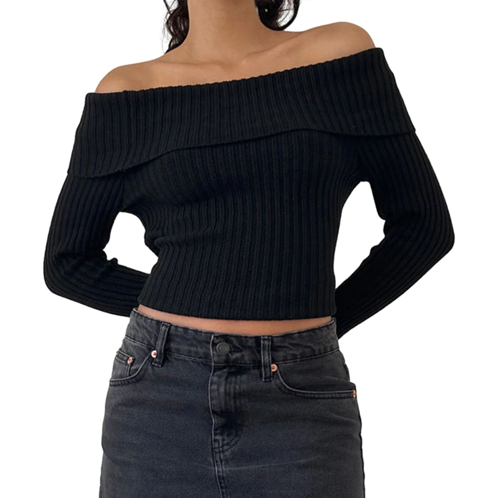 Women Slim Knit Sweater Crop Tops Solid Color Boat Neck Pullovers