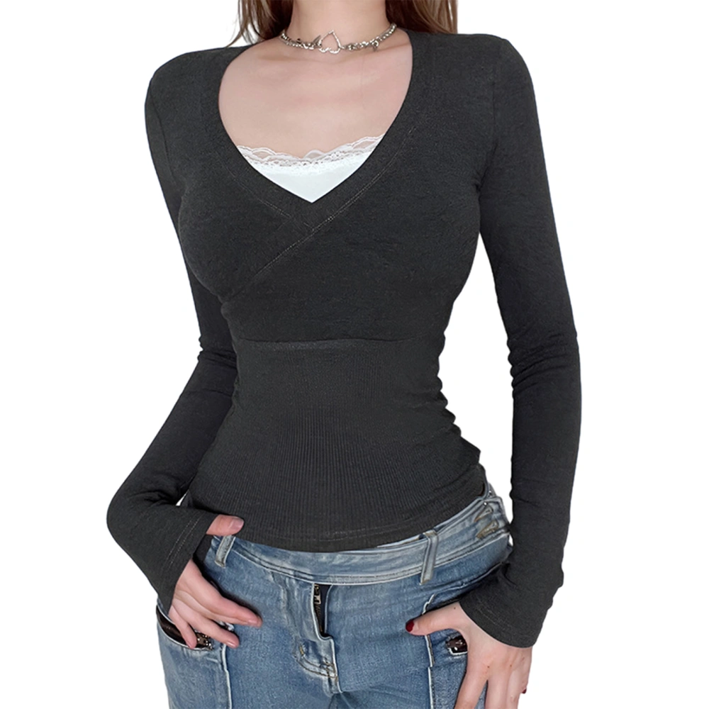 Women's Lace Patchwork Slim Tops Long Sleeve V-Neck T-Shirt Clubwear