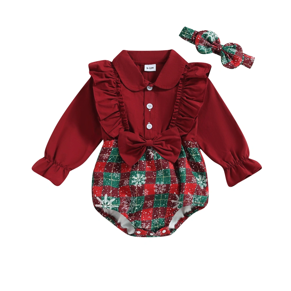 Baby Girl Christmas Outfits Snowflake Print Lapel Bodysuit + Headband