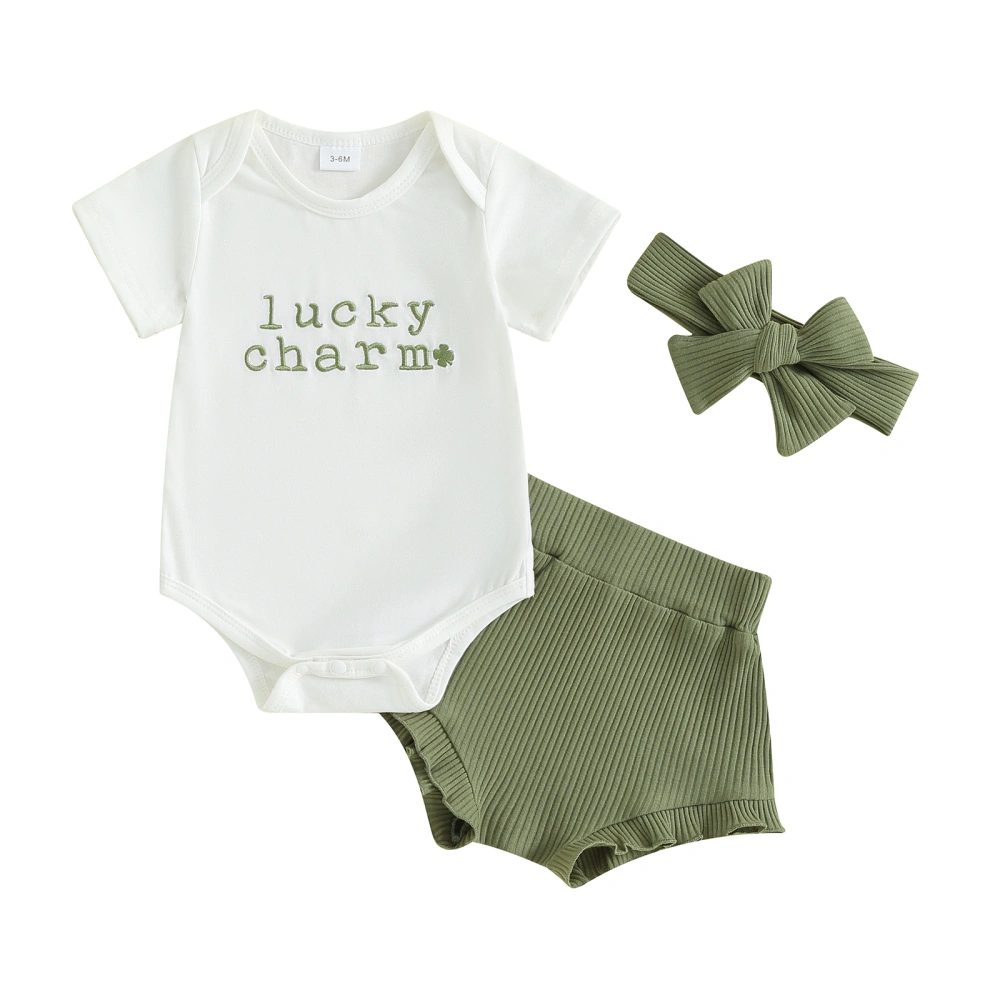 Baby Girls Irish Day Outfits Embroidery Romper + Shorts + Headband