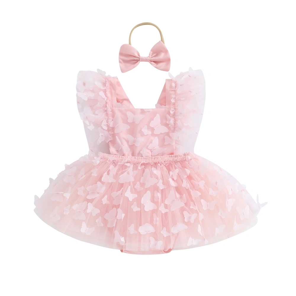 Girls 3D Butterfly Flying Sleeve Square Neck Tulle Jumpsuit Headband