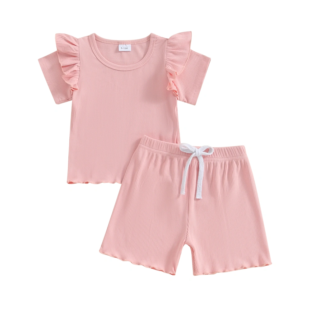 Baby Girls 2 Piece Outfit Solid Color Ribbed Ruffle T-Shirt and Shorts