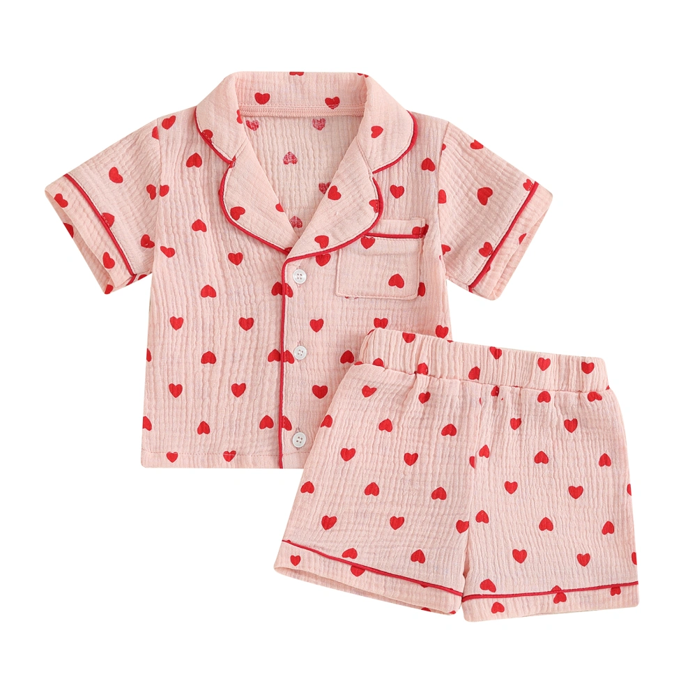 Button Down Short Sleeve Tops + Elastic Waist Shorts Girl Pajama Set