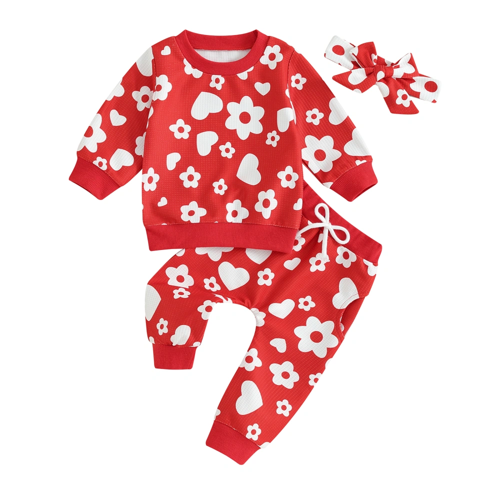 Baby Girl Valentine’s Day Outfits Floral Sweatshirt + Pants + Headband