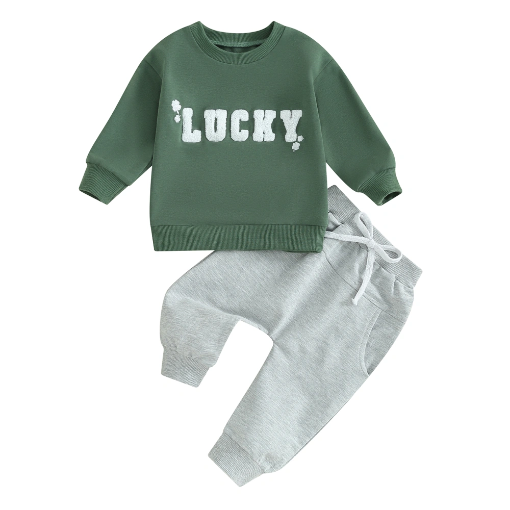 Boys Letter Four Leaf Clover Embroidery Tops and Drawstring Pants Sets