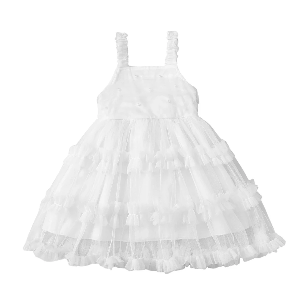 Toddler Girls Dress Pearl Embellished Frills Sleeveless Kids Dress