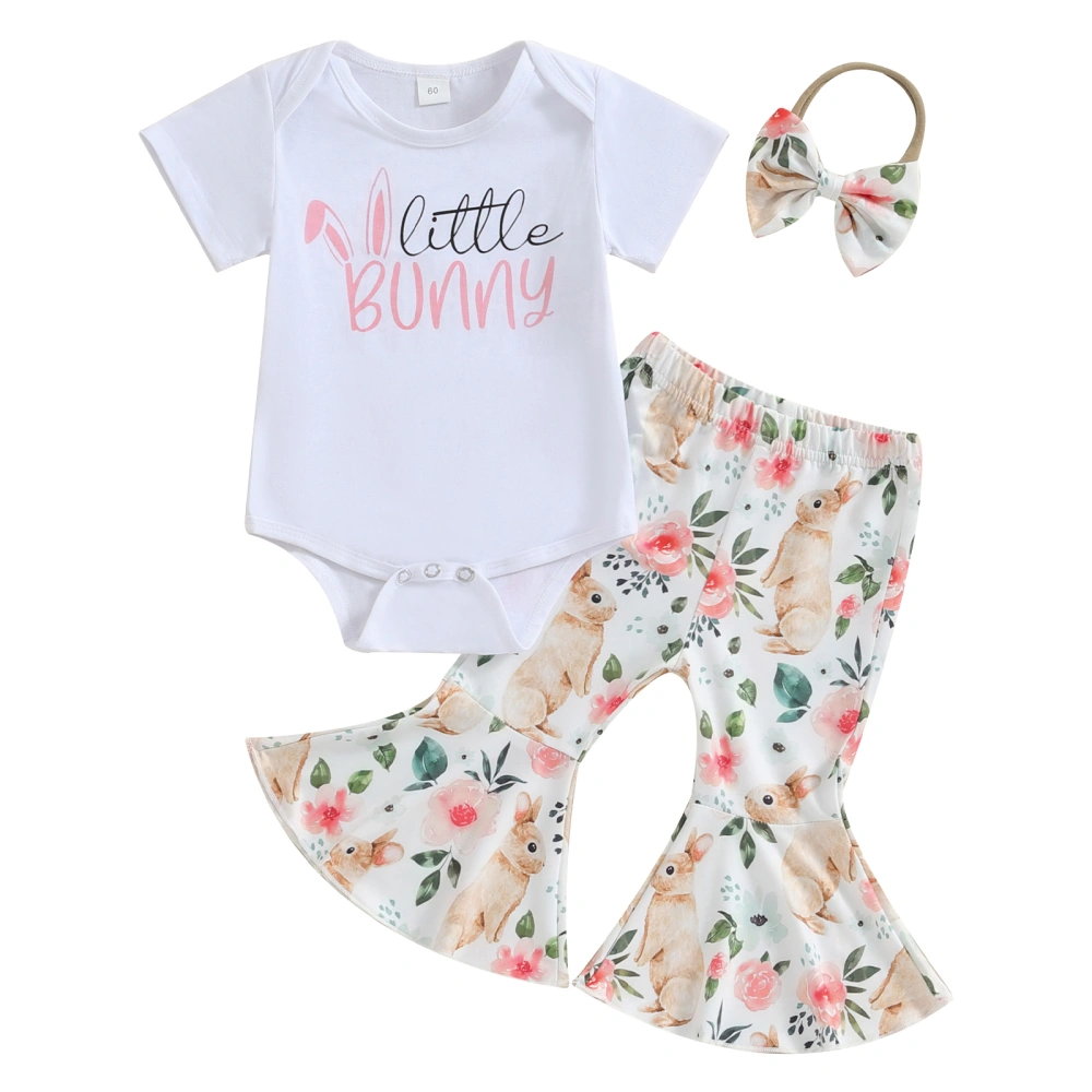 Girl Easter Letter Print Short Sleeve Romper with Flare Pants Headband